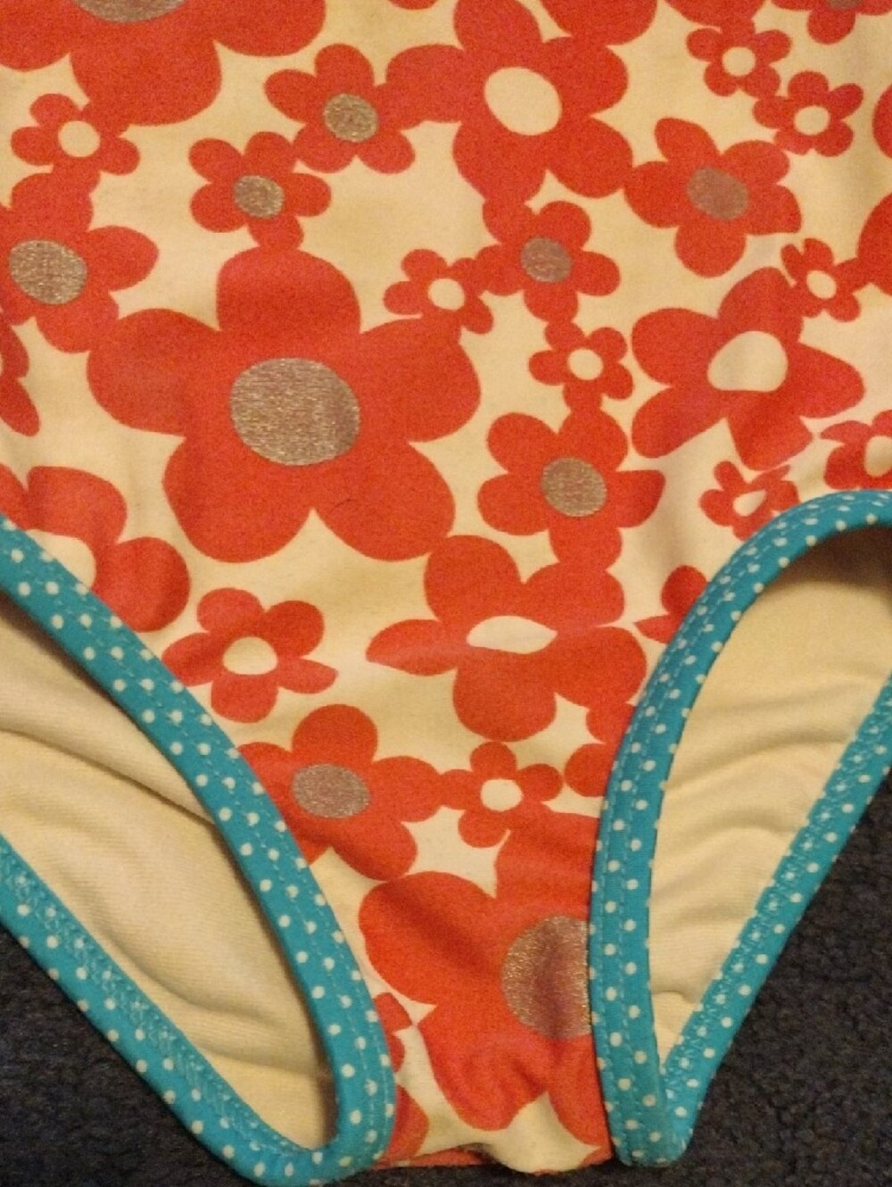 Kids Floral One-Piece Swimsuit - Pink And Silver Sparkle Flower with Blue Trim - Picture 4 of 6